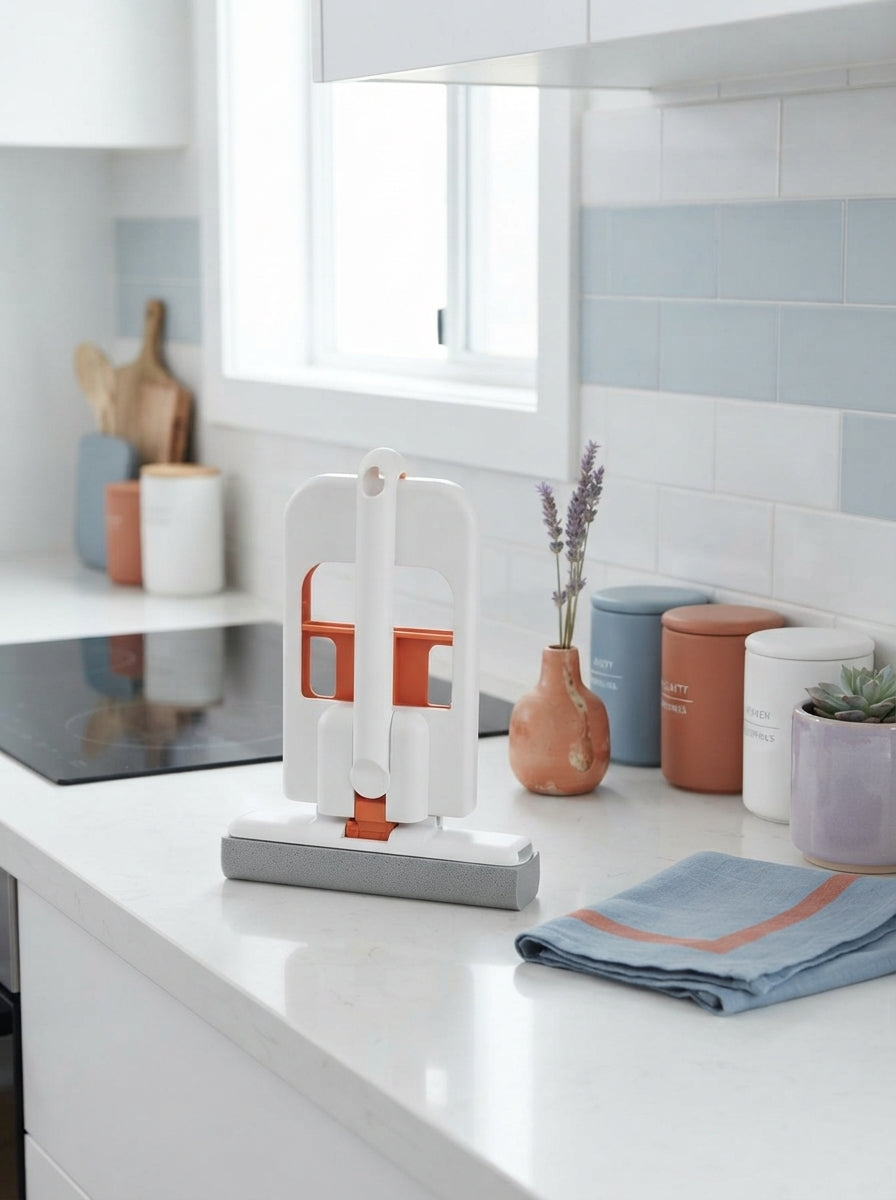 A mini foldable mop with a sponge head placed on a clean kitchen countertop next to minimalist decor in dusty blue and terrac
